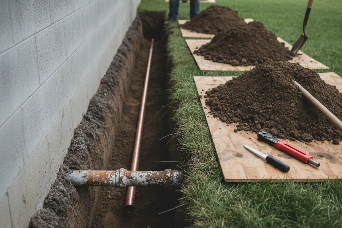 Excavated water line trench during Water Softener Installation in Rocky Hill